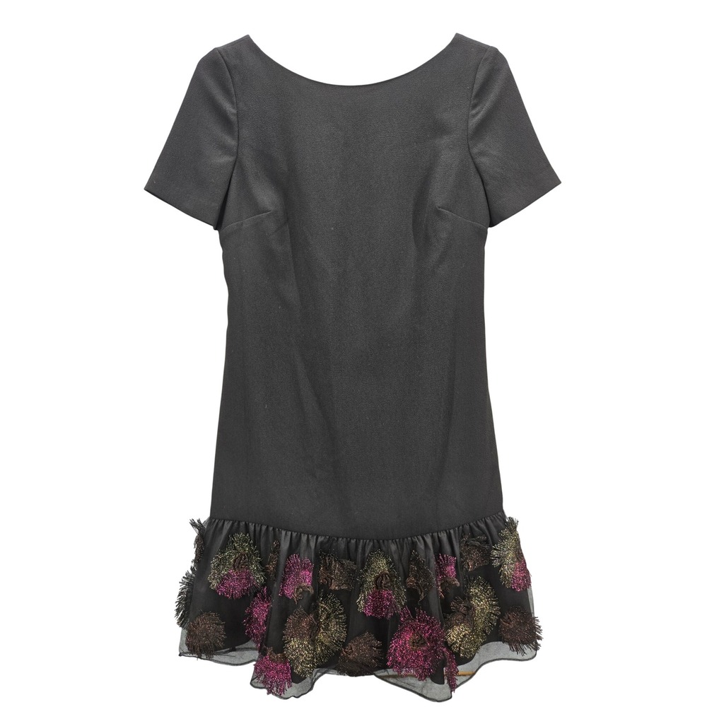 Trina Turk Black Metallic Floral Ruffle Hem Cocktail Dress Short Sleeve 2 LBD - Picture 1 of 10